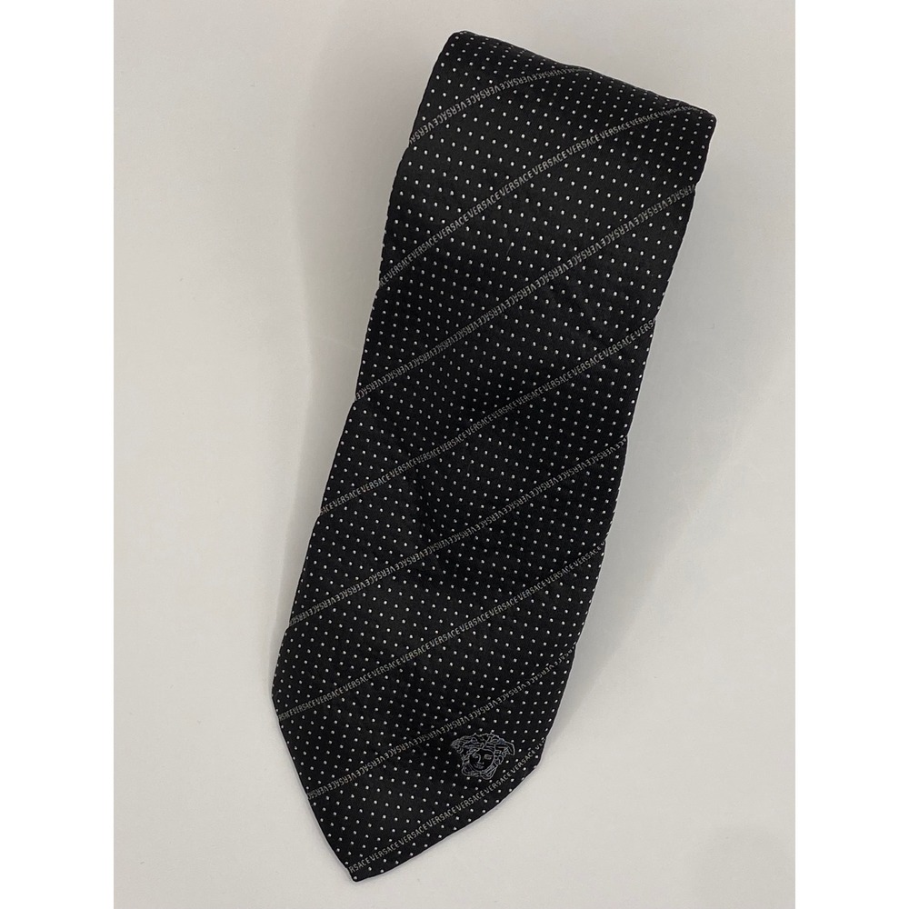 Rare Gianni Versace Men's Black Polka Dot Silk Necktie Medusa Logo‎ Italy Formal